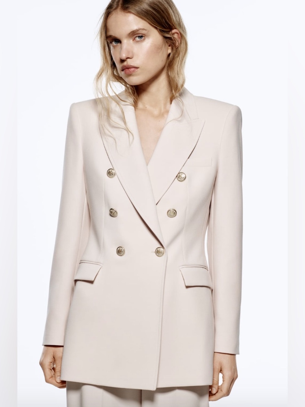 Zara Pale Pink Double Breasted Long Blazer Jacket Size Small